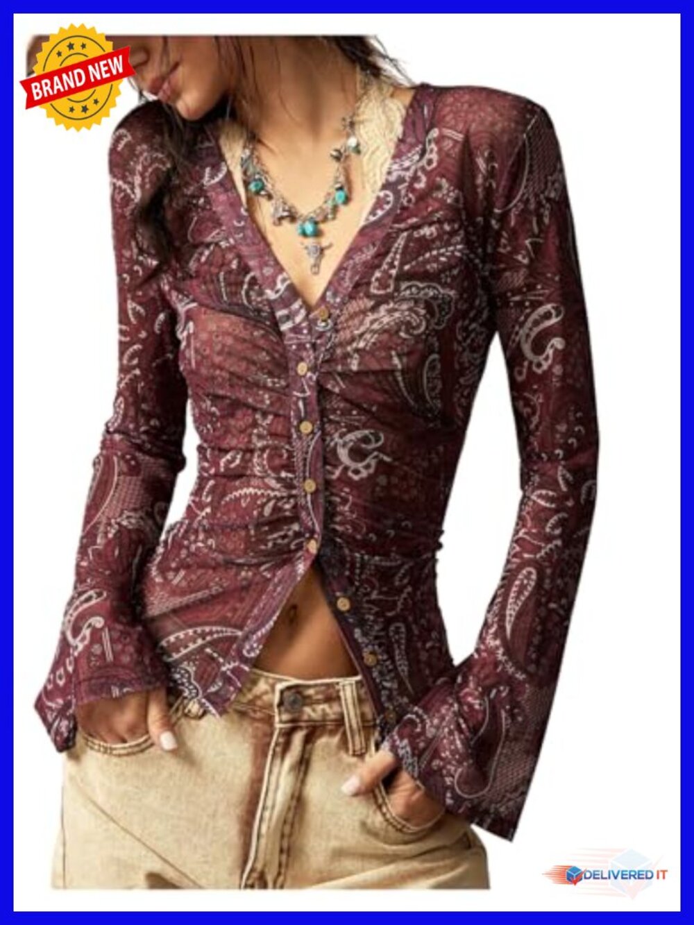 Women's Boho Paisley Button Down Shirt V-Neck Long Sleeve Slim Fit